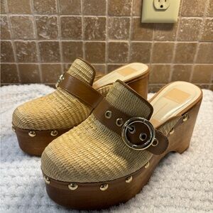 Dolce Vita Beige Woven Platform Clog Mules with Brown Trim